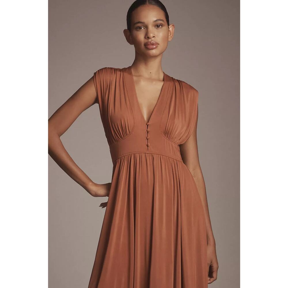 New Anthropologie V-Neck A-Line Midi Dress JERSEY $168 X-SMALL Honey - Picture 2 of 4